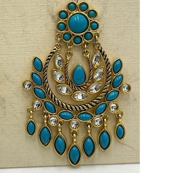 Amrita Singh Blue Cabochon Gold Tone Chandelier Earrings New - Picture 4 of 8